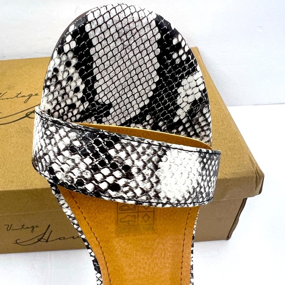 VINTAGE HAVANA,BLACK & WHITE SNAKE PRINT OPEN TOE MIDTOP, ADJUSTABLE ANKLE LOOP - Picture 7 of 15